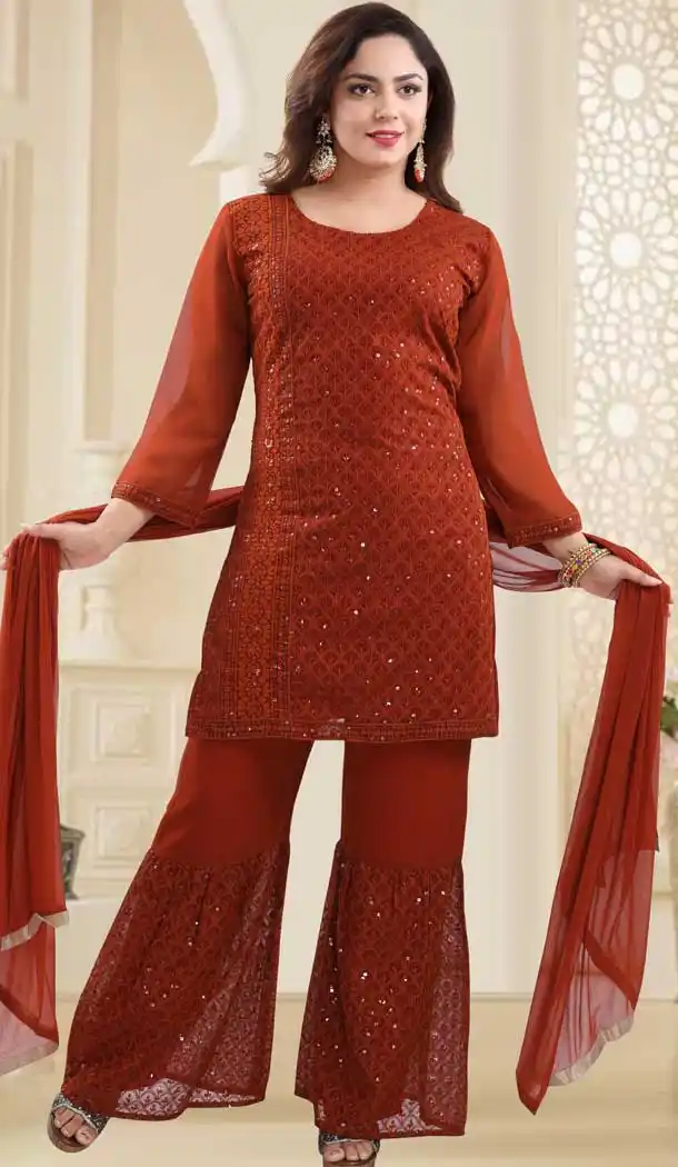 Orange Color Georgette Heavy Designer Readymade Salwat Suit -810298835