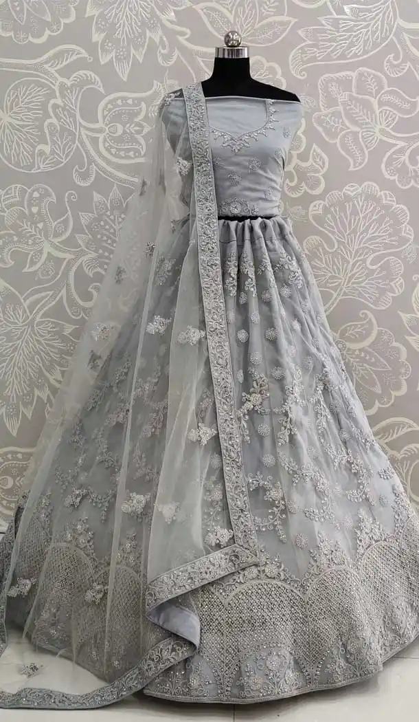Grey Color Net Resham Designer Wedding Sangeet Wear Lehenga Choli -pf78077830