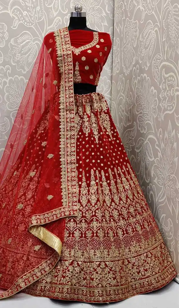 Majesty Red Color Velvet Designer Wedding Sangeet Lehenga Choli -pf78127883