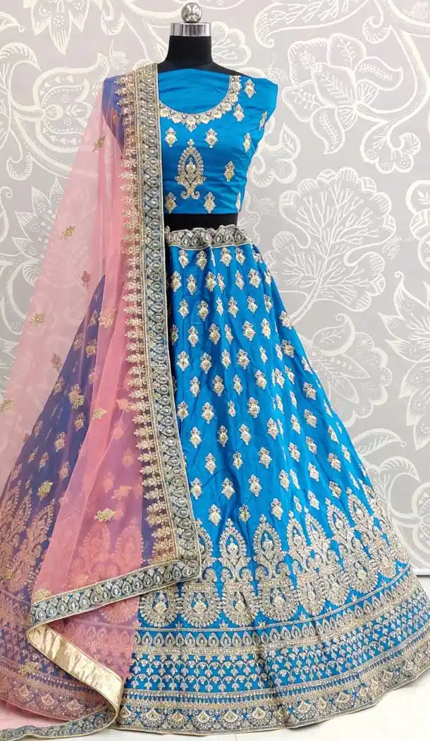 Blue Color Satin Silk Designer Mehendi Sangeet Lehenga Choli -pf78157896