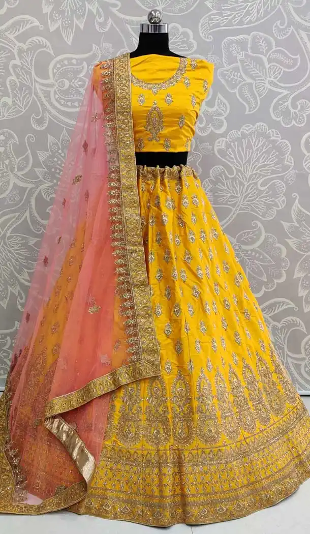Charming Yellow Color Satin Silk Designer Mehendi Sangeet Lehenga Choli -pf78157897