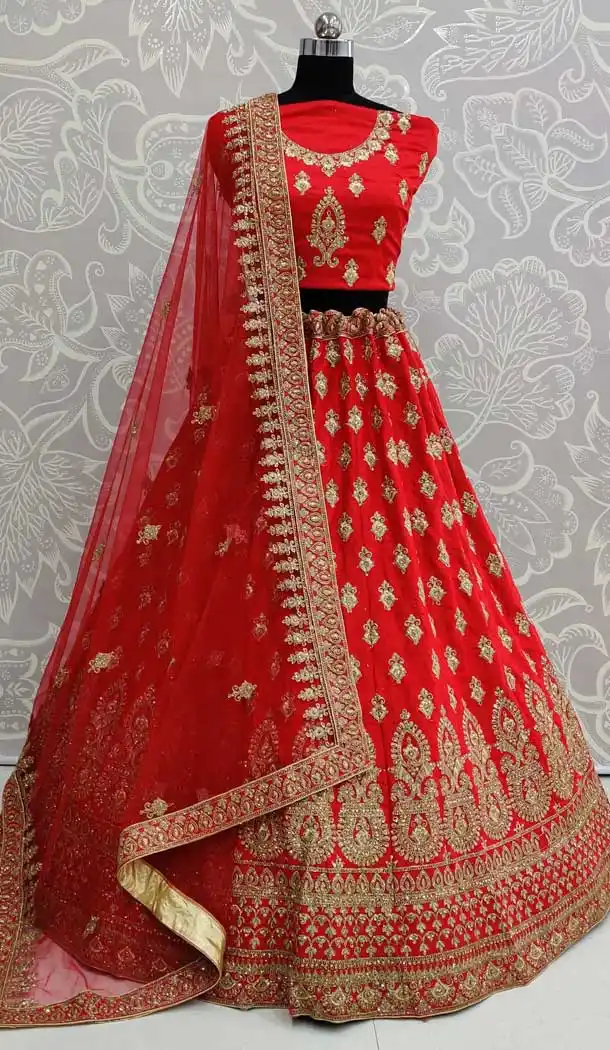 Red Color Satin Silk Designer Mehendi Sangeet Lehenga Choli -pf78157899