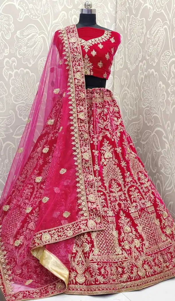 Rani Pink Color Velvet Embroidery Designer Mehendi Wear Lehenga Choli -pf78187919