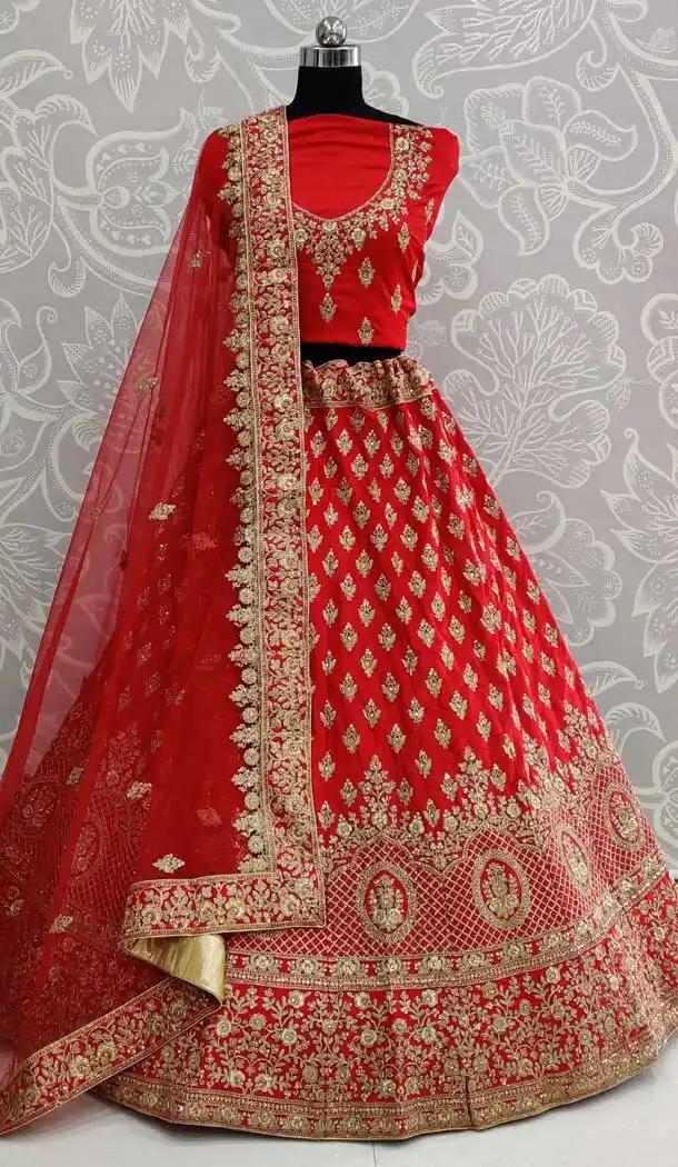 Charming Red Color Satin Silk Designer Mehendi Wear Lehenga Choli -pf78207930