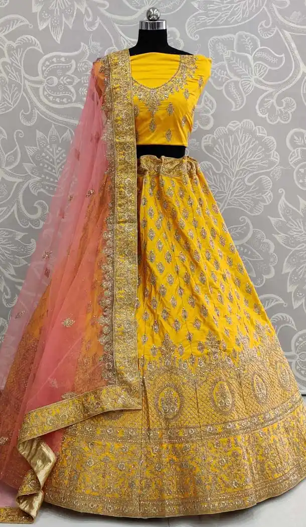 Yellow Color Satin Silk Designer Mehendi Wear Lehenga Choli -pf78207932