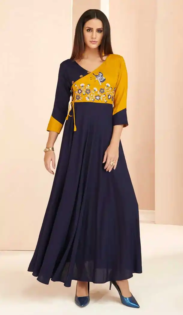 Navy Blue Color Heavy Rayon Designer Readymade Long Kurti -809198701