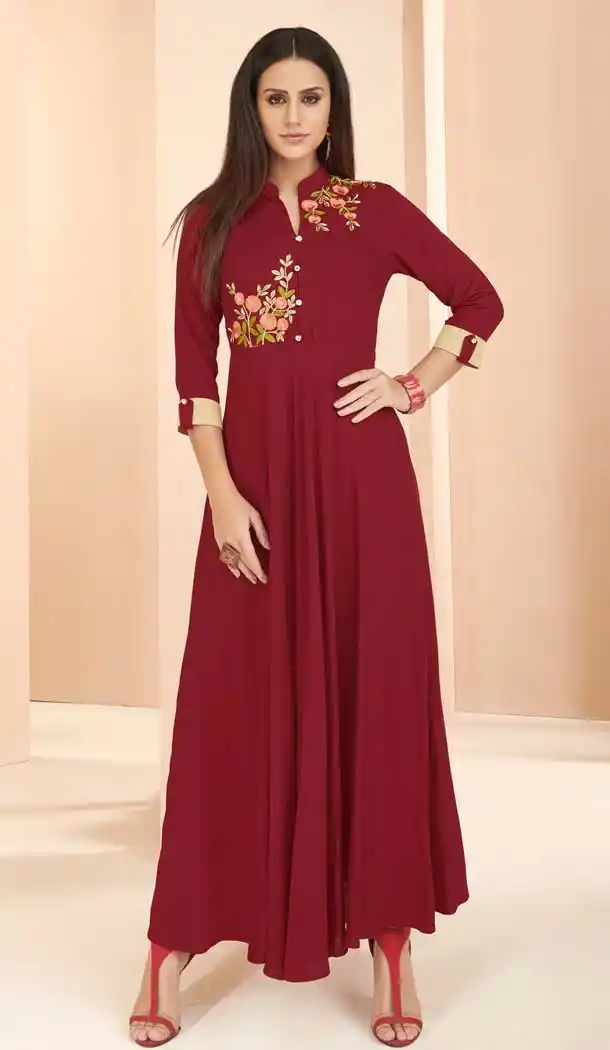 Marvelous Maroon Color Heavy Rayon Designer Readymade Long Kurti -809198703