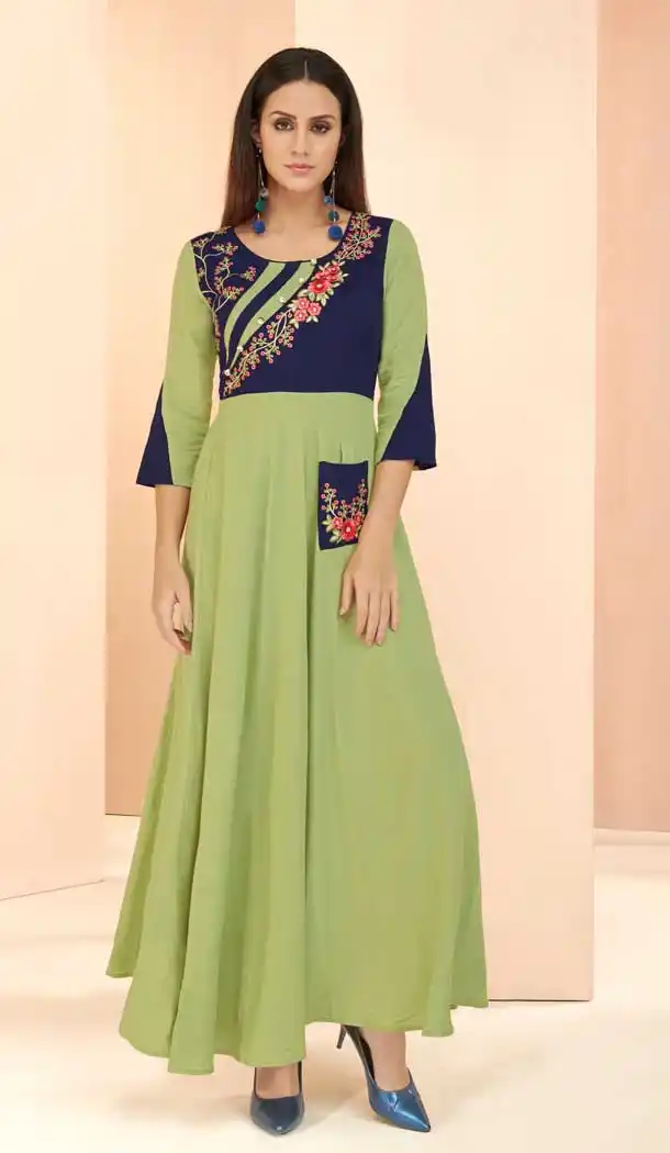Light Green Color Heavy Rayon Designer Readymade Long Kurti -809198704