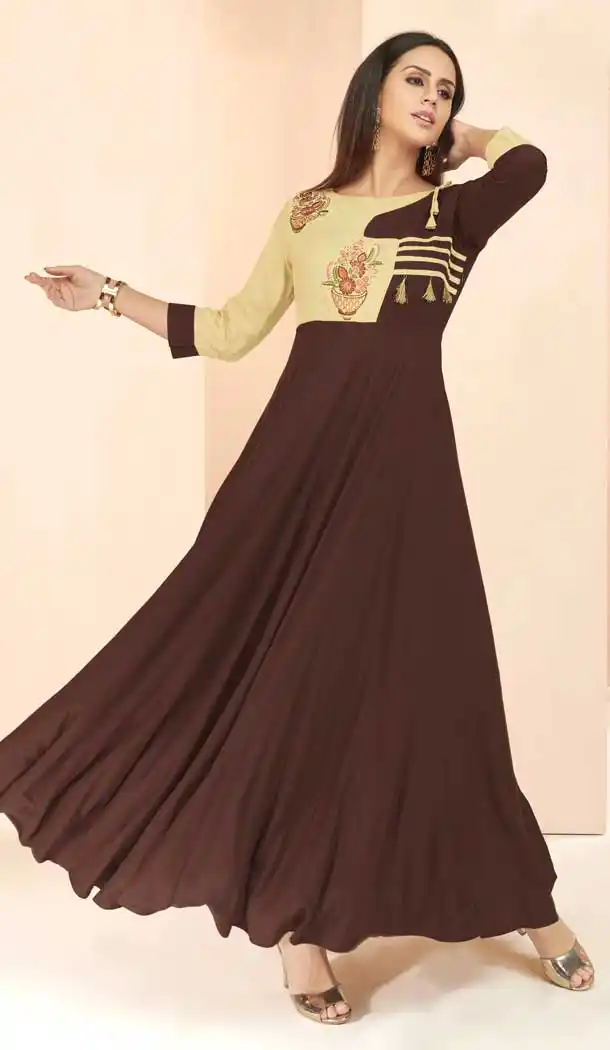 Melodic Brown Color Heavy Rayon Designer Readymade Long Kurti -809198705