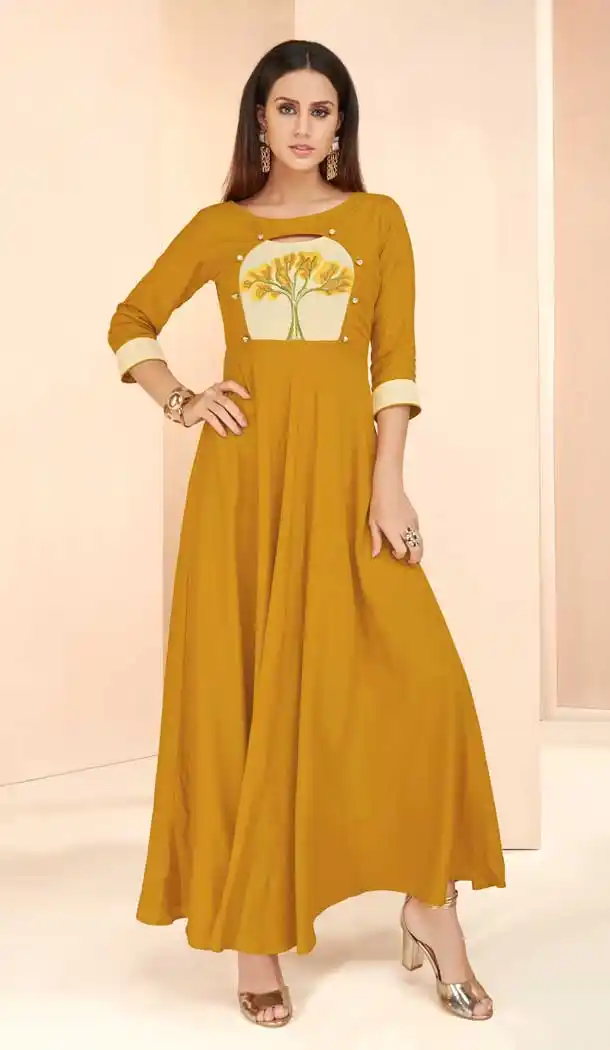 Ravishing Musterd Color Heavy Rayon Designer Readymade Long Kurti -809198706