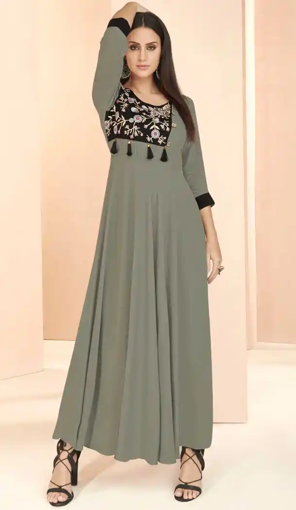 Grey Color Heavy Rayon Designer Readymade Long Kurti -809198707