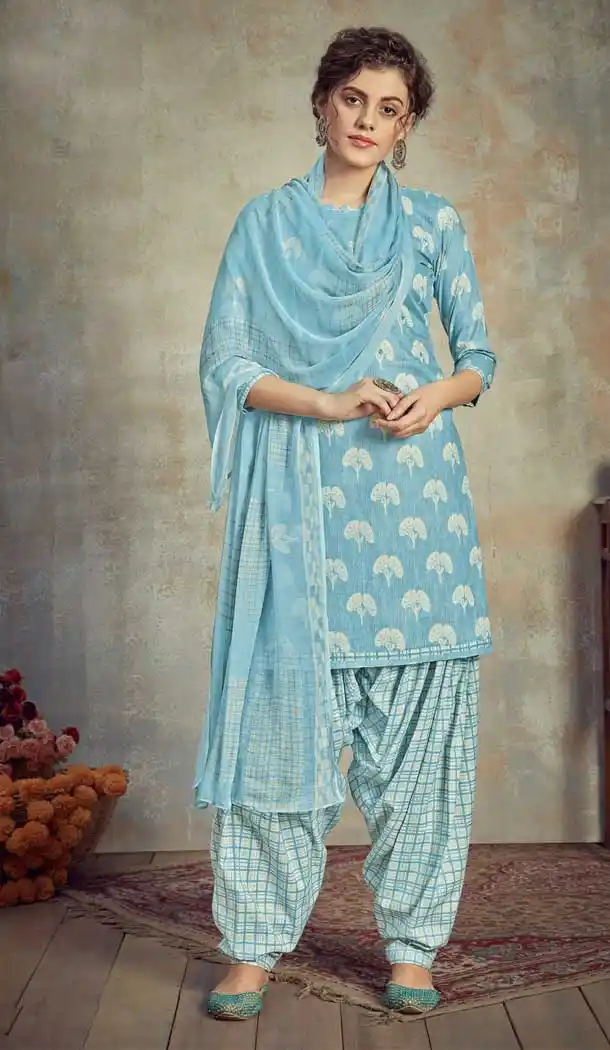 Sky Color Pure Cambric Cotton Casual Wear Punajbi Patiyal Suit -810398838