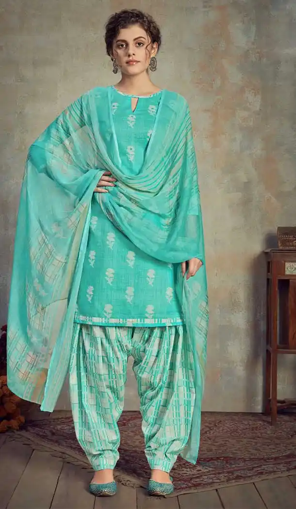 Sea Green Color Pure Cambric Cotton Casual Wear Punajbi Patiyal Suit -810398840