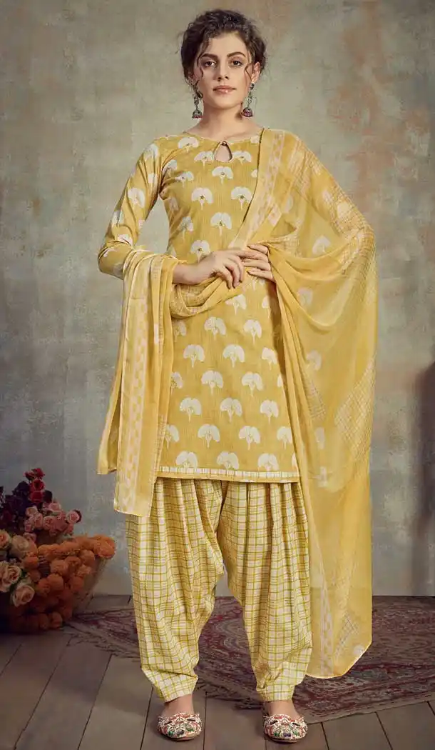 Yellow Color Pure Cambric Cotton Casual Wear Punajbi Patiyal Suit -810398841