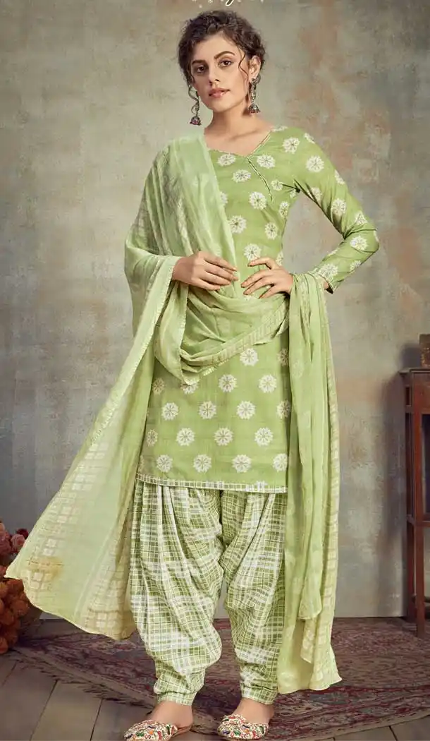 Light green Color Pure Cambric Cotton Casual Wear Punajbi Patiyal Suit -810398843