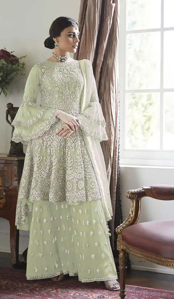 Pista Green Color Soft Net Party Wear Pakistani Style Sharara Suit -810698856