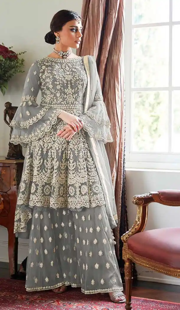 Grey Color Soft Net Party Wear Pakistani Style Sharara Suit -810698857
