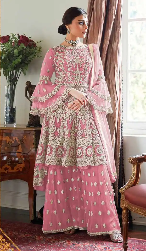 Pink Color Soft Net Party Wear Pakistani Style Sharara Suit -810698858