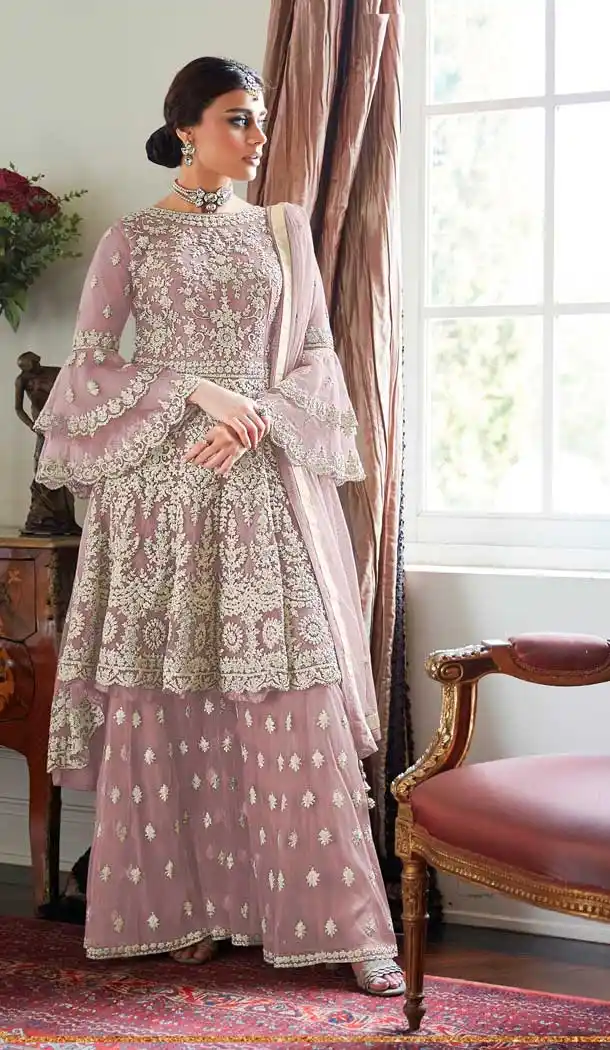 Purple Color Soft Net Party Wear Pakistani Style Sharara Suit -810698859