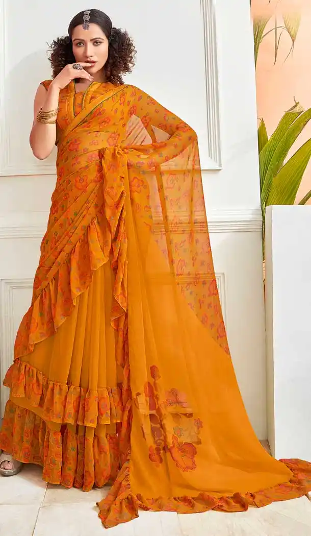 Yellow Color Chiffon Designer Party Wear Ruffle Saree Blouse -811898975