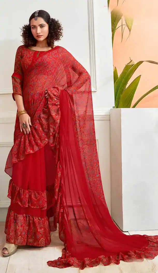 Red Color Chiffon Designer Party Wear Ruffle Saree Blouse -811898977