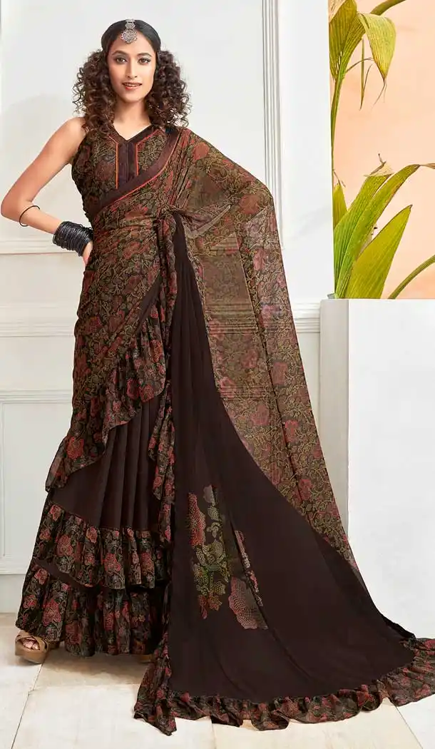 Brown Color Chiffon Designer Party Wear Ruffle Saree Blouse -811898980