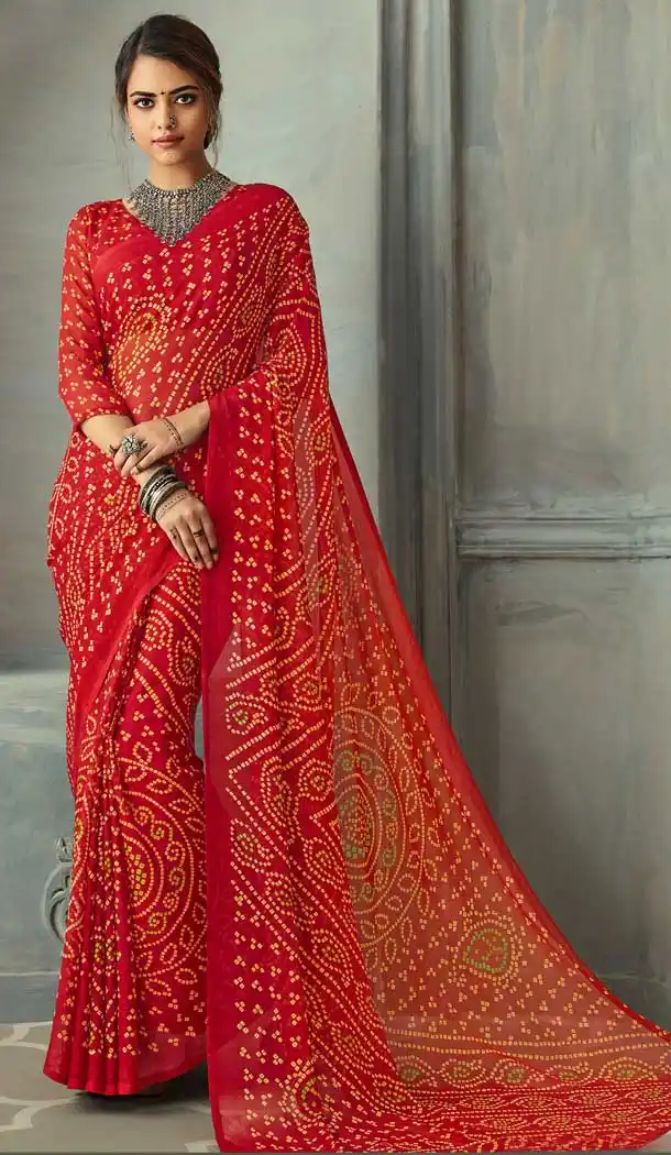 Red Color Chiffon Casual Office Wear Bandhani Saree Blouse -811398934