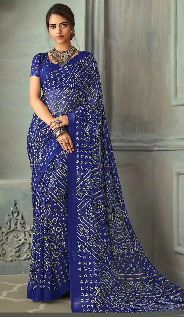 Blue Color Chiffon Casual Office Wear Bandhani Saree Blouse -811398935