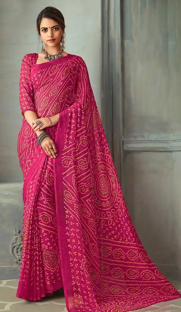 Pink Color Chiffon Casual Office Wear Bandhani Saree Blouse -811398936