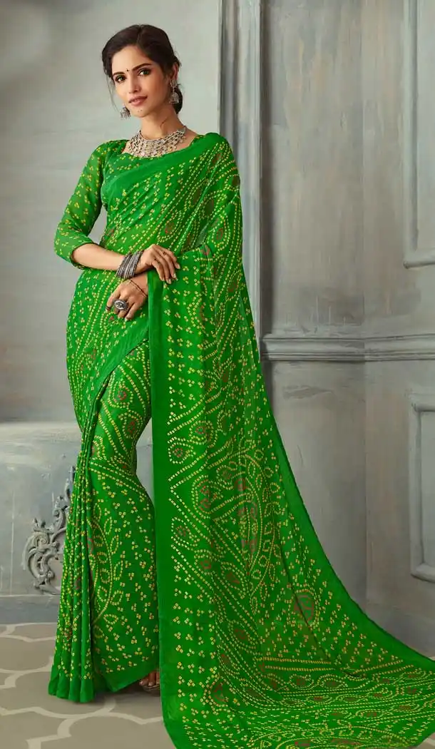 Green Color Chiffon Casual Office Wear Bandhani Saree Blouse -811398938