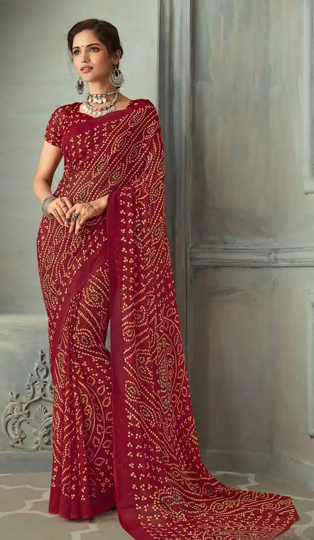 Maroon Color Chiffon Casual Office Wear Bandhani Saree Blouse -811398939