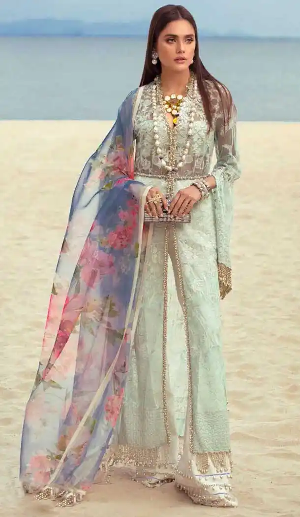 Aqua Color Butter Fly Net Heavy Designer Pakistani Style Salwar Kameez -811498941