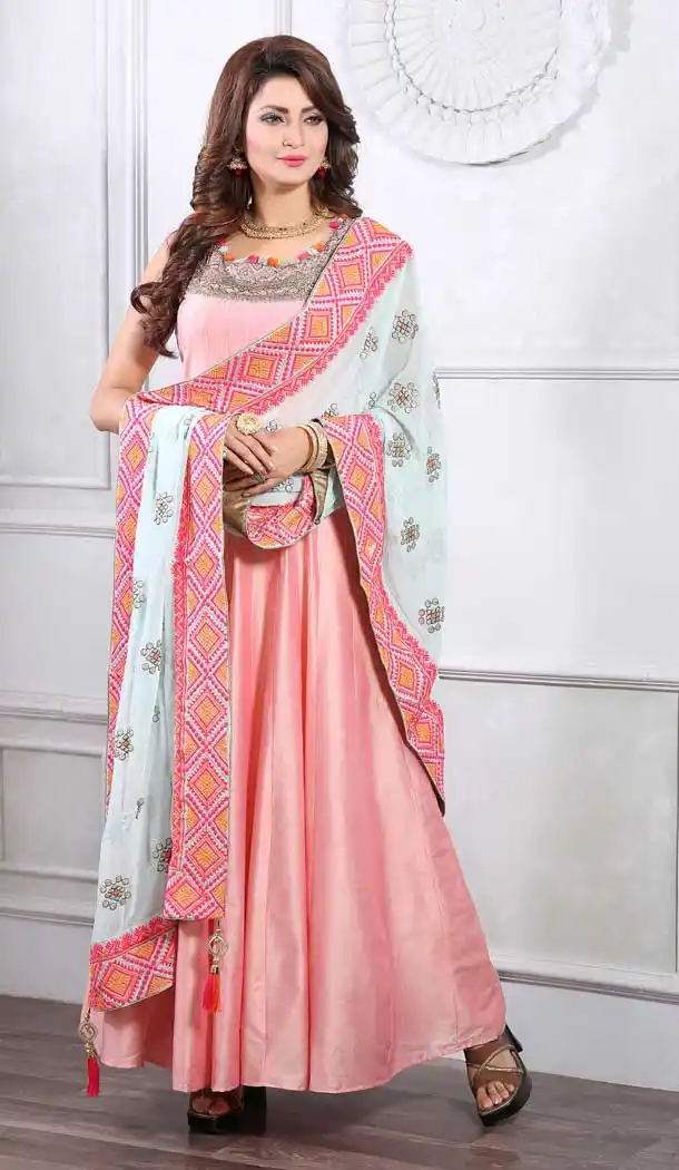 Peach Color Art Silk Designer Party Wear Readymade Long Dress -811598947