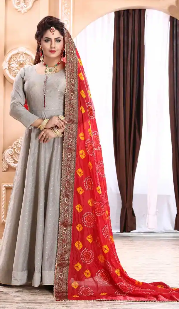 Grey Color Chanderi Boti Silk Designer Party Wear Readymade Long Dress -811598948