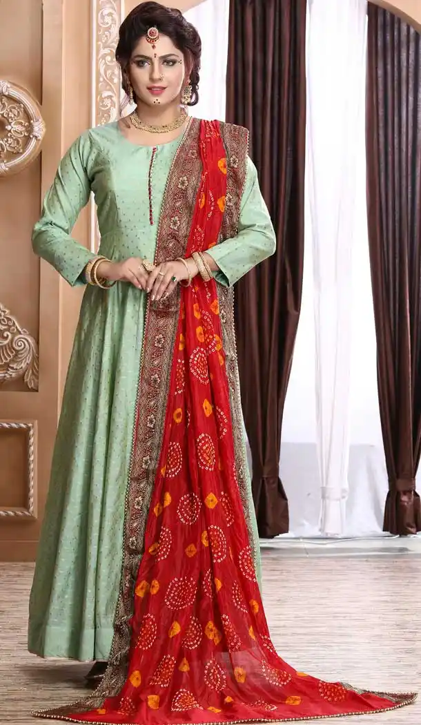 Sea Green Color Chanderi Boti Silk Designer Party Wear Readymade Long Dress -811598949
