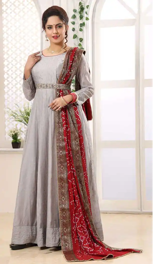 Grey Color Chanderi Boti Silk Designer Party Wear Readymade Long Dress -811598951