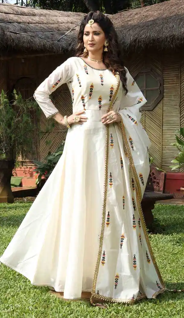 Off White Color Chanderi Silk Designer Party Wear Readymade Long Dress -811598953