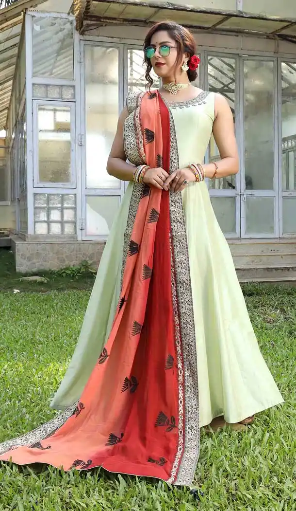 Lemon Color Art Silk Designer Party Wear Readymade Long Dress -811598955