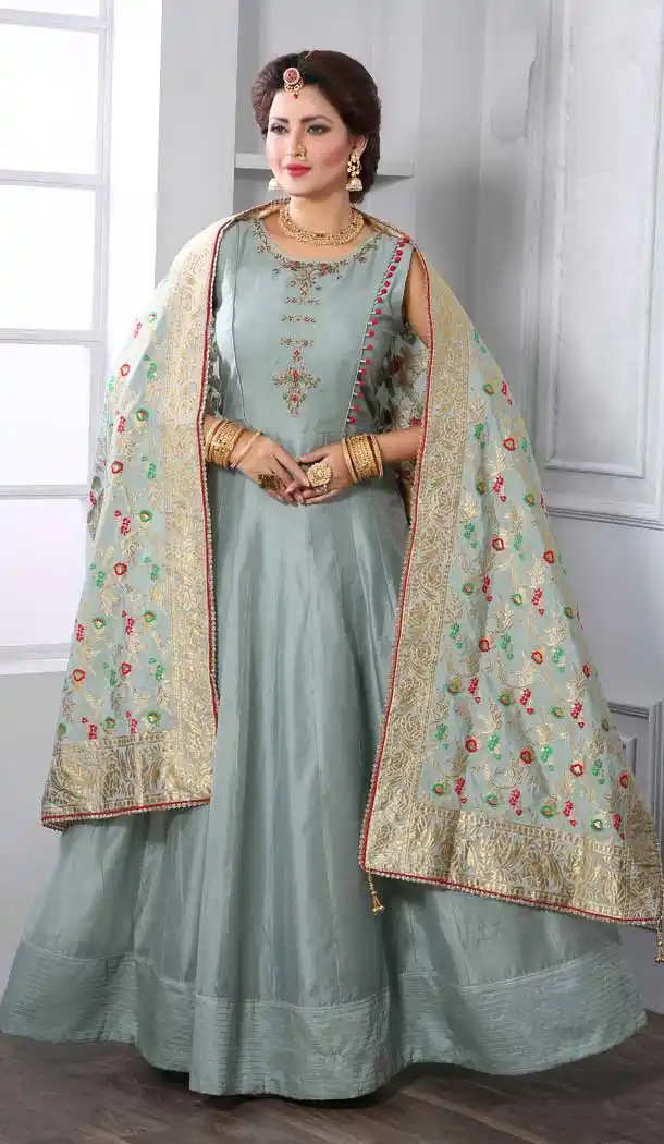 Grey Color Chanderi Silk Designer Party Wear Readymade Long Dress -811598958