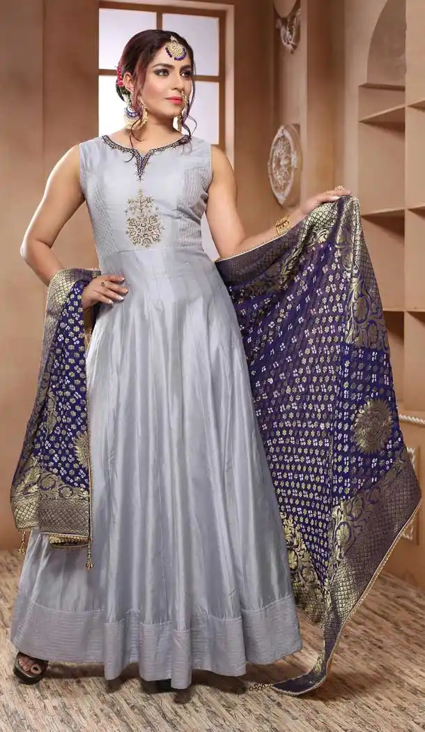 Fantastic Grey Color Chanderi Silk Designer Party Wear Readymade Long Dress -811598959