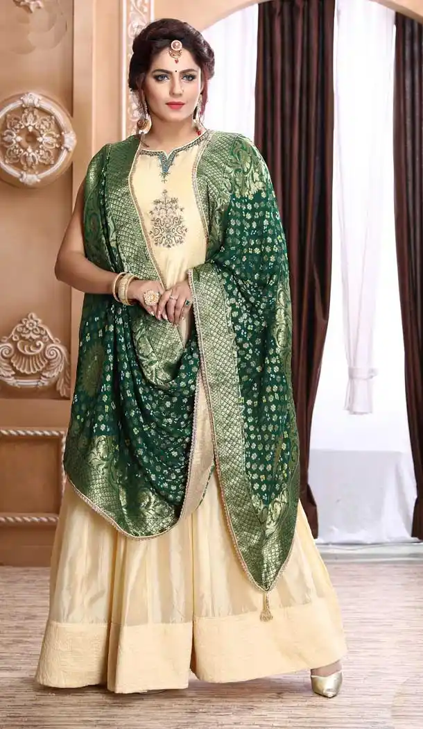 Cream Color Chanderi Silk Designer Party Wear Readymade Long Dress -811598960
