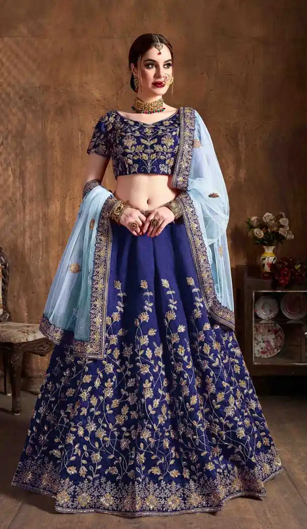 Blue Color Raw Silk Designer Mehengdi Sangeet Wear Lehenga -811698961