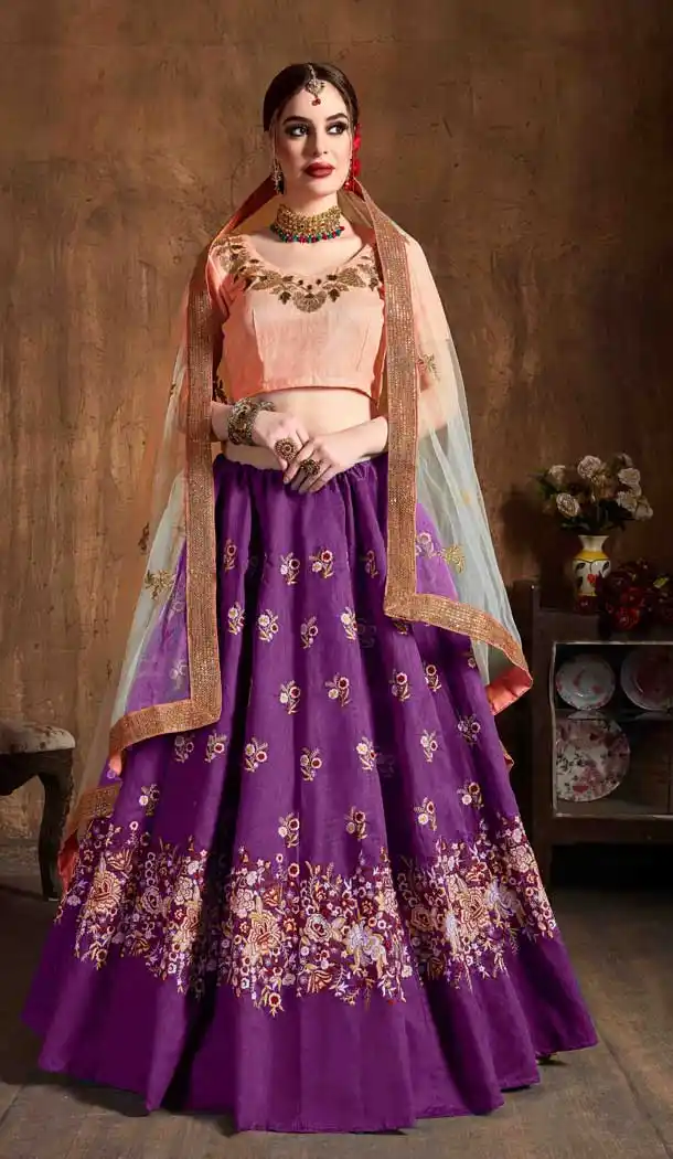 Divine Peach Color Raw Silk Designer Mehengdi Sangeet Wear Lehenga -811698964