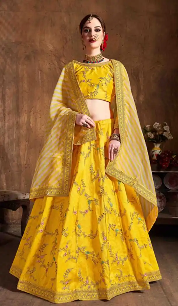 Yellow Color Raw Silk Designer Mehengdi Sangeet Wear Lehenga -811698965