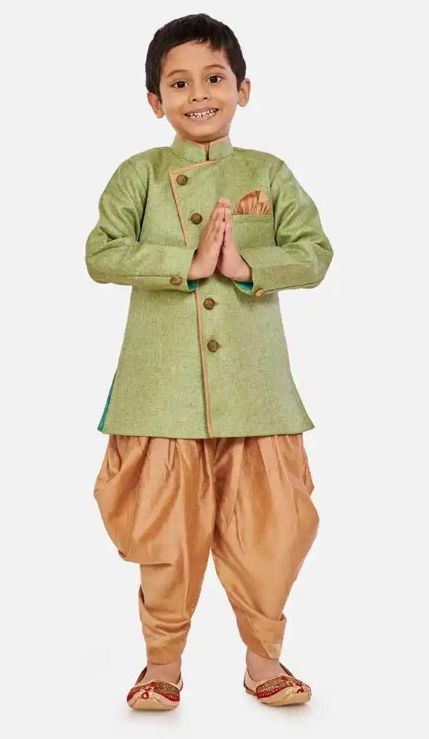 Green Color Cotton Silk Blend Readymade Designer Boy's Indo Western -813599119