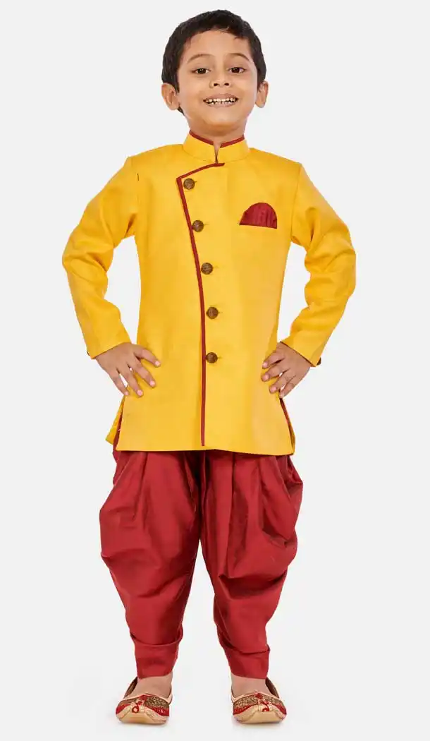 Glamour Yellow Color Cotton Silk Blend Readymade Designer Boy's Indo Western -813599120