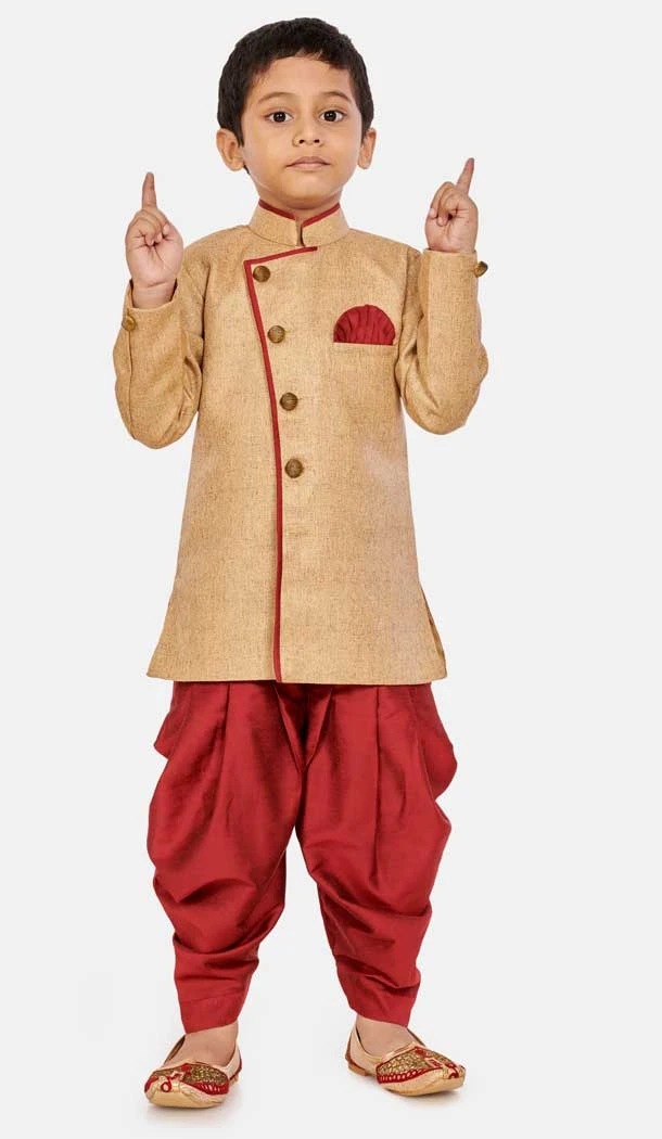 Biscuit Color Cotton Silk Blend Readymade Designer Boy's Indo Western -813599121