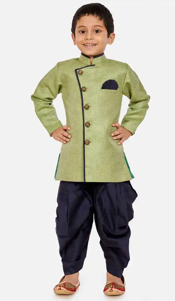 Green Color Cotton Silk Blend Readymade Designer Boy's Indo Western -813599126