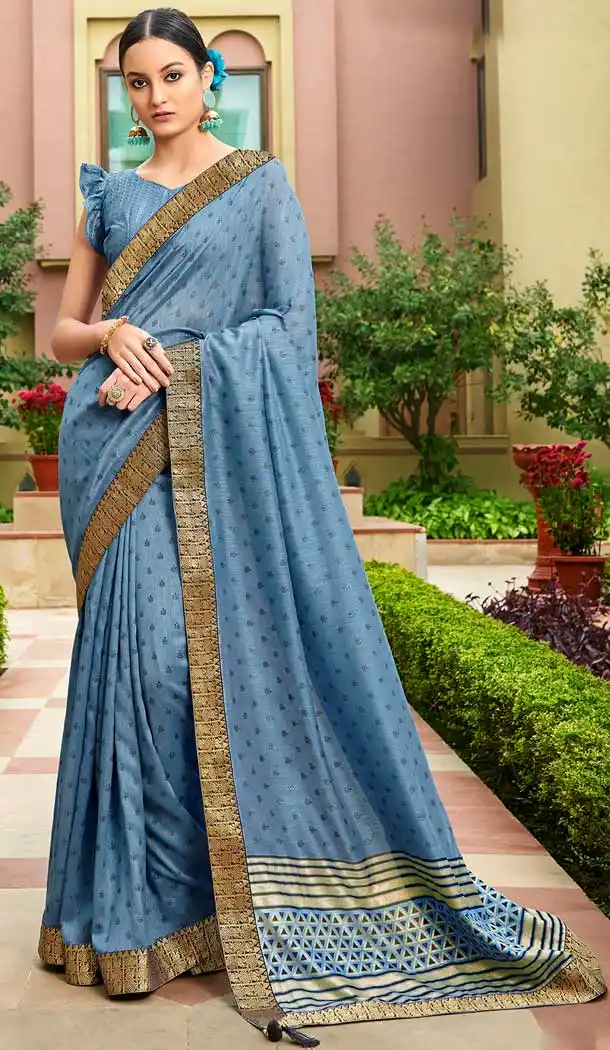 Blue Color Vichitra Silk Casual Party Wear Saree with Fancy Blouse -812899043
