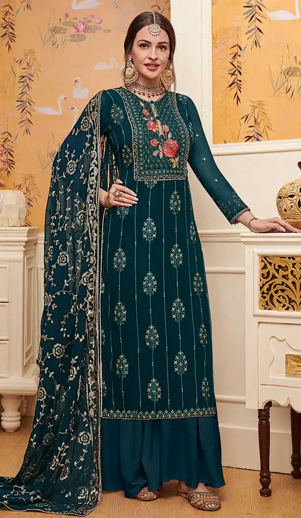 Teal Blue Color Foux Georgette Pakistani Style Salwar Kameez -812999056